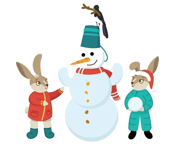 Konijnen hebben een sneeuwpop gemaakt. Leuk konijn in de winter. Kerstmis en Nieuwjaar. Vectorillustratie. — Stockvector