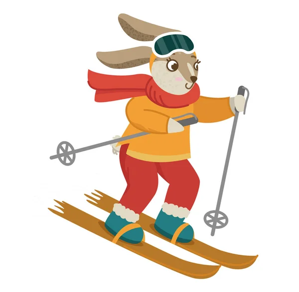 Le lapin va skier. Mignon lapin en hiver. Noël et Nouvel An. Illustration vectorielle. — Image vectorielle