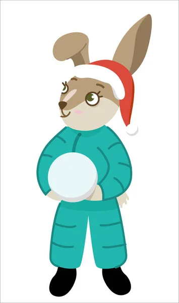 El conejo hizo una bola de nieve. Lindo conejo en invierno. Navidad y Año Nuevo. Ilustración vectorial. — Vector de stock