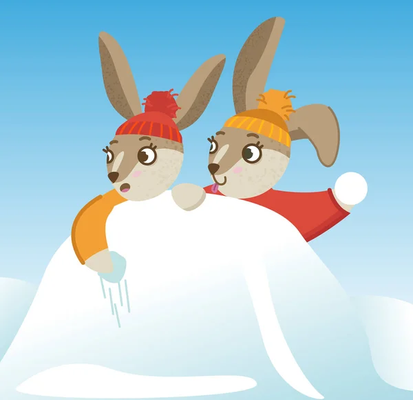 Twee konijnen verbergen zich achter een sneeuwdrift. Leuk konijn in de winter. Kerstmis en Nieuwjaar. Vectorillustratie. — Stockvector