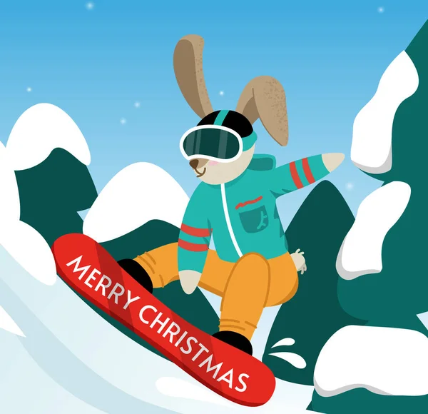 Kaninsnowboard. Söt kanin på vintern. Jul och nyår. Vektorillustration. — Stock vektor