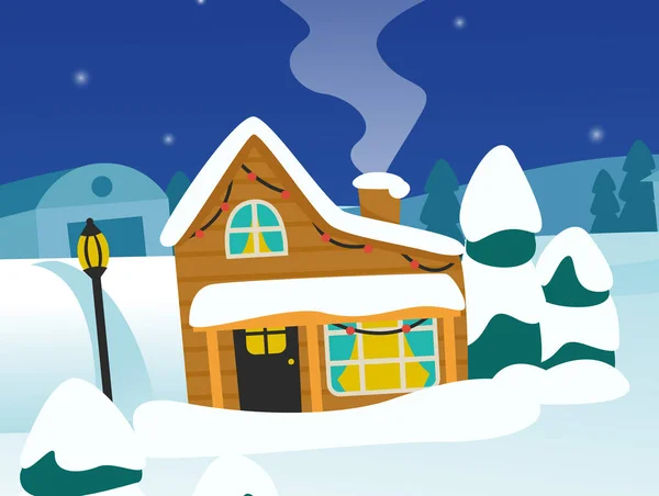 Bela casa na neve. Natal e Ano Novo. Ilustração vetorial. — Vetor de Stock