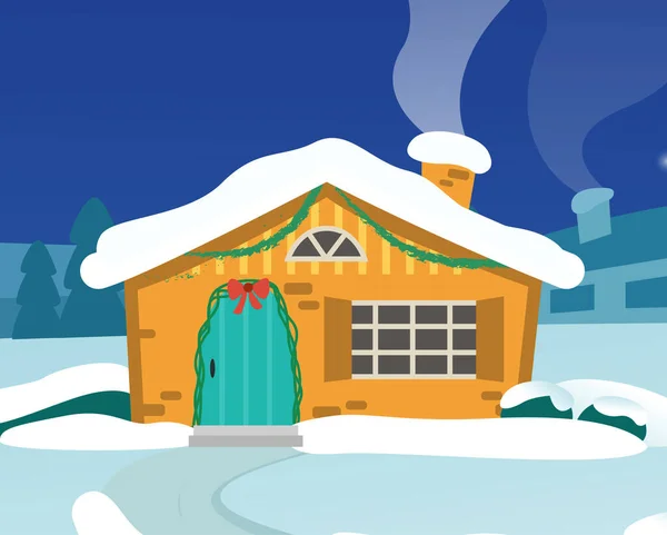 Bonita casa en la nieve. Navidad y Año Nuevo. Ilustración vectorial. — Vector de stock