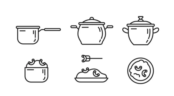 Un set di pentole e piatti di pasta. Illustrazione vettoriale — Vettoriale Stock