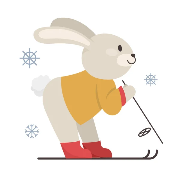 El conejo va a esquiar. Ilustración vectorial con un conejo lindo — Vector de stock