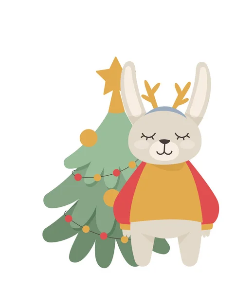 Un coniglio vicino a un albero di Natale. Illustrazione vettoriale con un coniglio carino — Vettoriale Stock