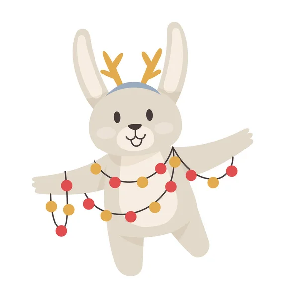 Conejo en una guirnalda de Navidad. Ilustración vectorial con un conejo lindo. — Vector de stock