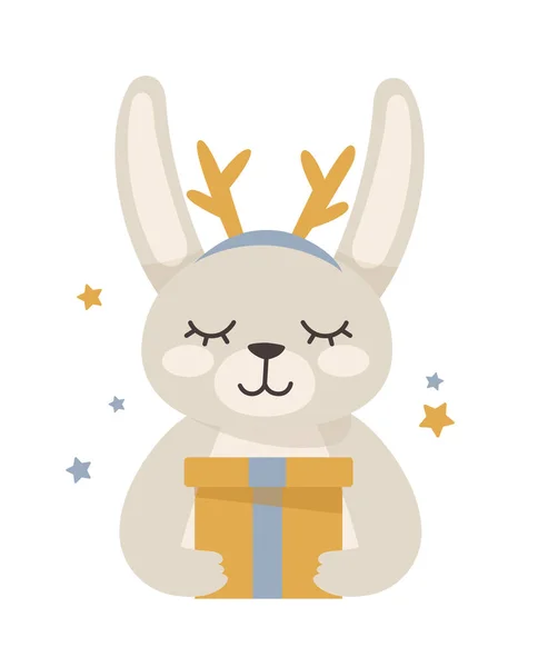 Conejo de Año Nuevo con un regalo. Ilustración vectorial con un lindo animal. Año Nuevo y Navidad. — Vector de stock