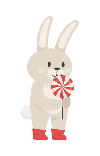 Conejo con piruleta rayada. Ilustración vectorial con un conejo lindo. — Vector de stock