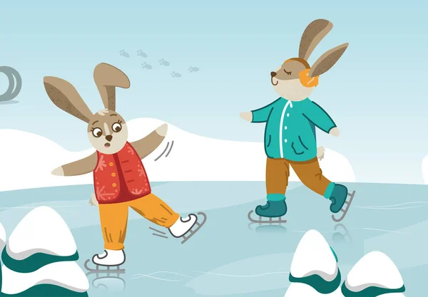 Kaniner åker skridskor. Söt kanin på vintern. Jul och nyår. Vektorillustration. — Stock vektor