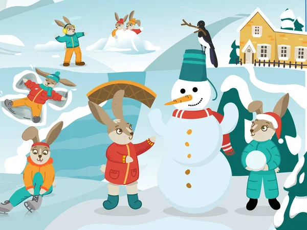 Králíci si hrají venku v zimě. Roztomilý králík v zimě. Vánoce a Nový rok. Vektorová ilustrace. — Stockový vektor