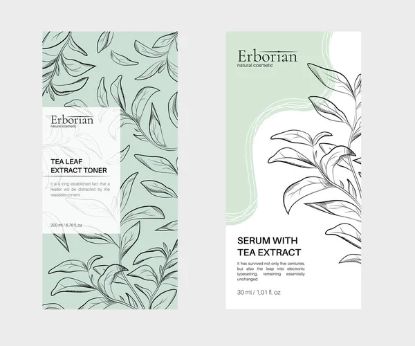 Diseño de envases para cosméticos herbarios. Hoja de té ilustración vector dibujado a mano — Vector de stock