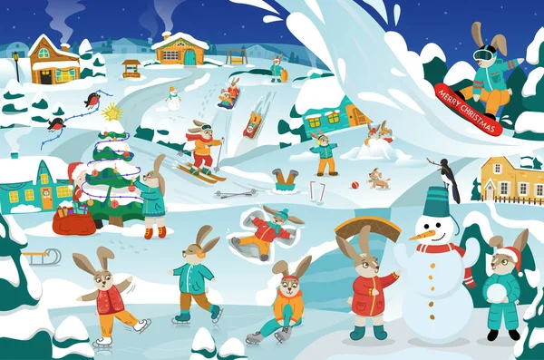 New Years illustration with cheerful rabbits that play in the snow. Christmas card with festive animals. Vector illustration
