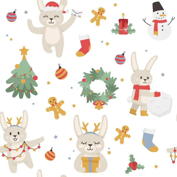 Бесшовный рисунок с милыми кроликами. Новый год и рождественский узор. Векторная иллюстрация — стоковый вектор