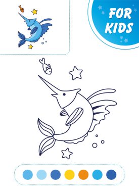 Kılıçbalığı xiphias. Şirin balık. Çocuklar için vektör illüstrasyon boyama kitabı