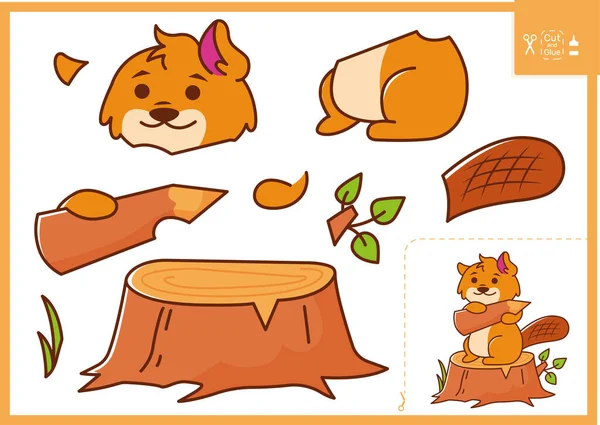 A beaver sits on a stump with a pencil. Cute animal. Vector illustration applique — 스톡 벡터
