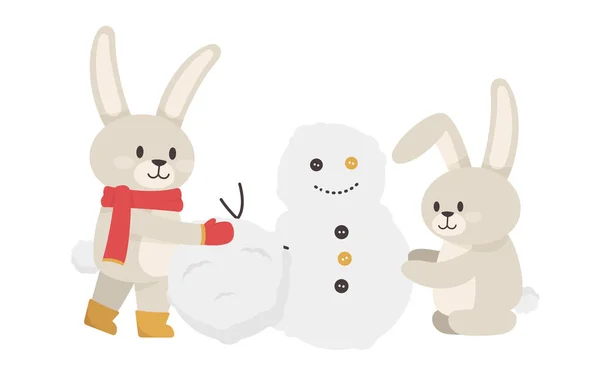 Un conejo esculpe a un muñeco de nieve. Ilustración vectorial con un conejo lindo — Vector de stock