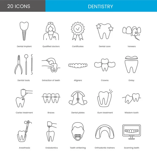 牙科诊所的一组直线图标包括植入物 牙医工具 牙槽和牙冠 病媒图解龋治疗 扫描牙齿和训练器 — 图库矢量图片