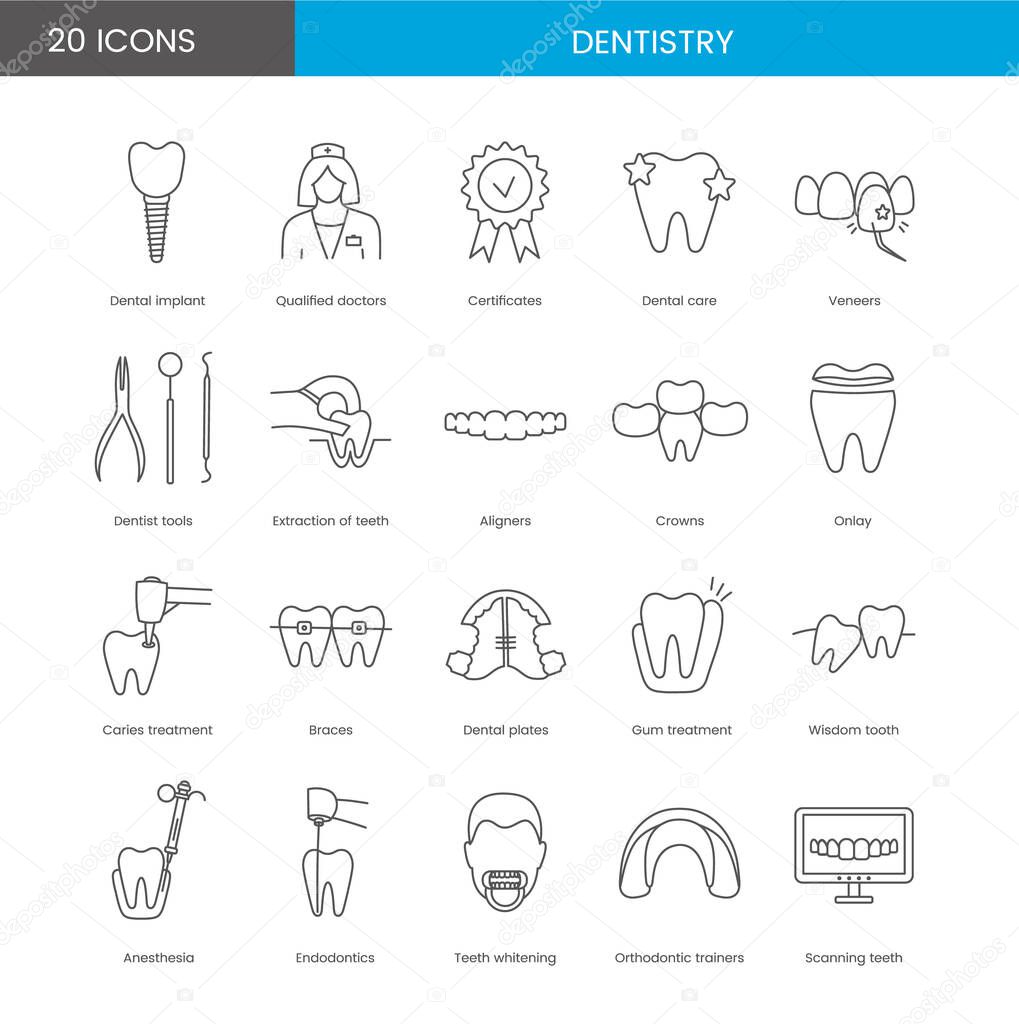 A set of linear icons for a dental clinic includes implant, veneers, dentist tools, extraction of teeth, aligners and crowns. Vector illustration caries treatment, scanning teeth and trainers.