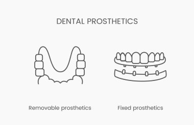 Linear icon dental prosthetics. Vector illustration for dental clinic with removable and fixed prosthetics.