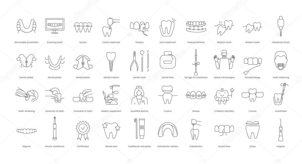 A set of linear vector icons with dental instruments, treatment and doctor. Vector illustration for dental clinics and offices, fixed and removable prosthetics, periodontology, interdental brush.
