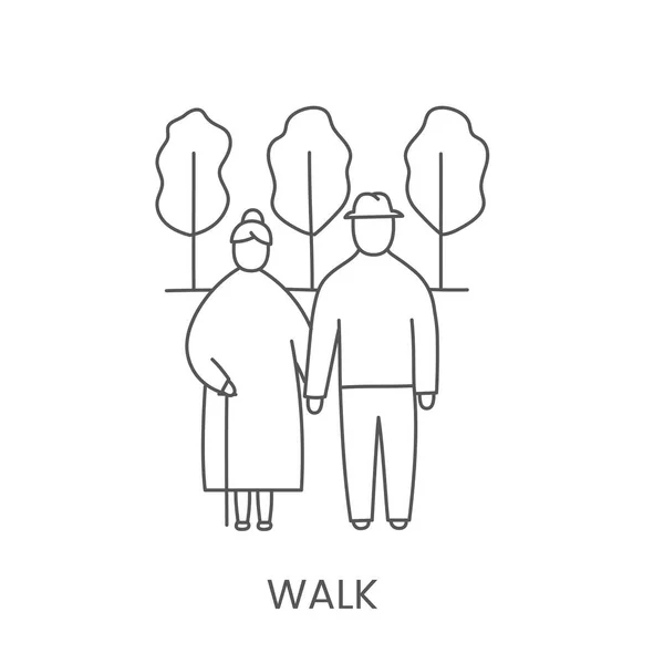 Elderly Man Woman Walk Park Vector Line Icon — стоковый вектор