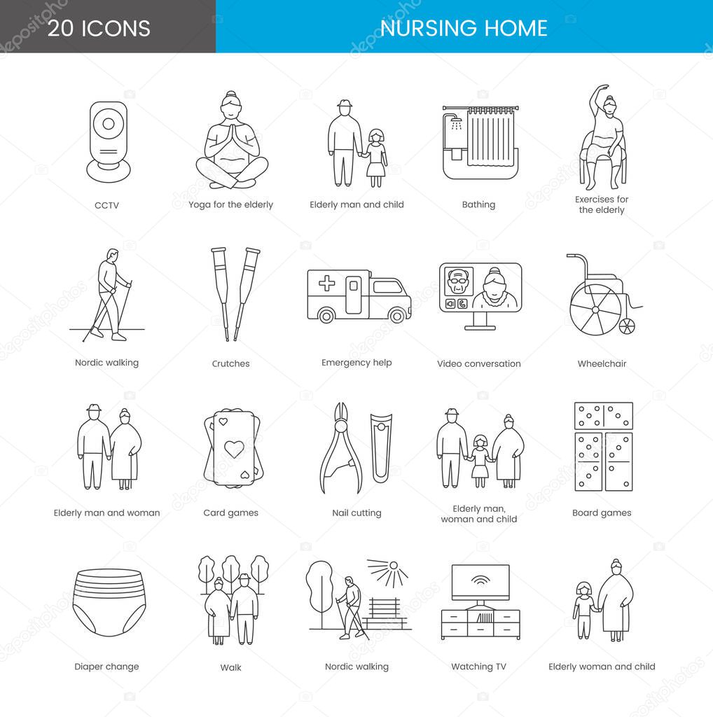 A set of icons for a nursing home with the image of video surveillance, exercises and yoga, a walk in the park and Nordic walking, getting help and care