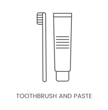 Doğrusal ikon diş fırçası ve yapıştırıcı. Diş kliniği için vektör illüstrasyonu.