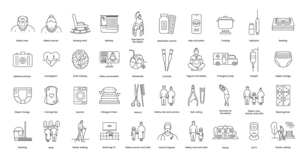 Set Linear Icons Nursing Home Care Elderly Control Medication Intake — Archivo Imágenes Vectoriales
