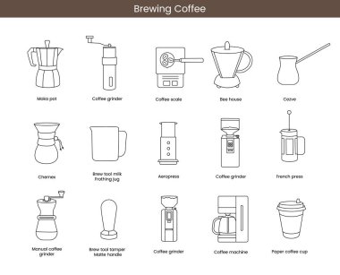 Coffee making equipment, linray vector icons