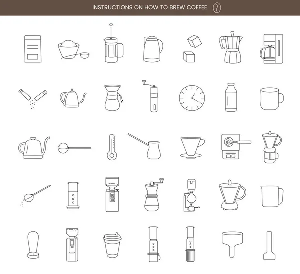 Icons Creating Instructions Making Coffee Lines —  Vetores de Stock