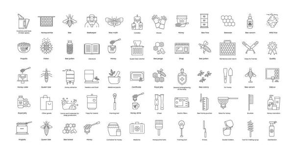 Productos Herramientas Apícolas Conjunto Iconos Línea Vectores Abejas Cera Abejas — Archivo Imágenes Vectoriales