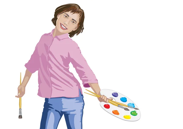 Chica pinta pinturas con pinceles y paleta — Vector de stock