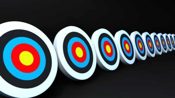 Muchas flechas golpean a los objetivos con un fondo oscuro — Vídeos de Stock