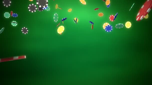 赌场颜色芯片与绿色背景滴 — 图库视频影像