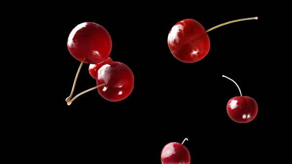 Fresh cherry falling down black 3 — Stock Photo, Image