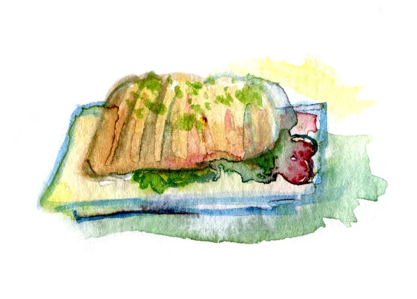 Hot steak on the pan watercolor drawing — Stock Photo, Image