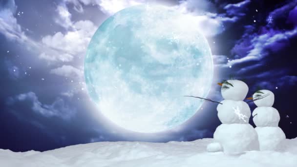 Christmas snowmen large moon — Stock Video