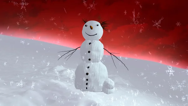 Snowman red sky center — Stock Photo, Image