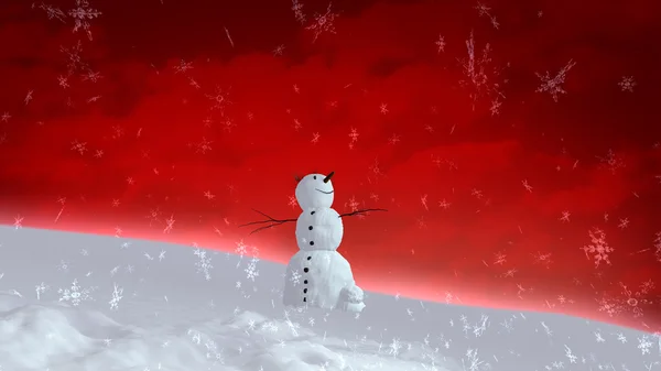Snowman happy red sky wide angle — Stock Photo, Image