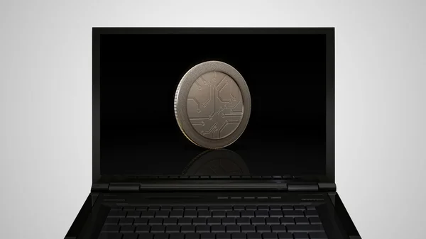 笔记本电脑的显示器显示货币数字硬币 — 图库照片