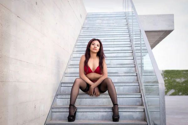 Young Female Trendy Outfit Sitting Stairs Looking Camera — Fotografia de Stock