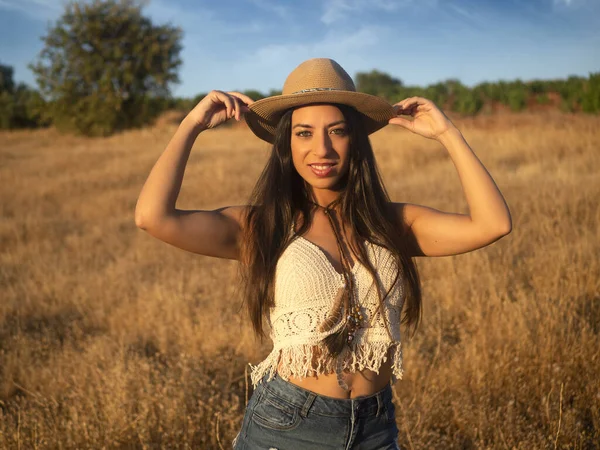 Happy Young Brunette Crochet Top Touching Hat Looking Camera Smile — Stockfoto
