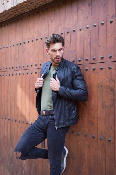 Serious Handsome Male Model Wearing Casual Clothes Leather Jacket Standing — ストック写真