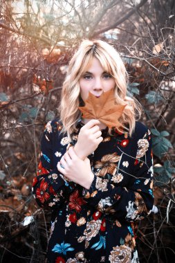 Solmuş ağaç yaprağı tutan ve ışık saçan yapraksız orman ağaçlarına bakan çekici sarışın kadın.