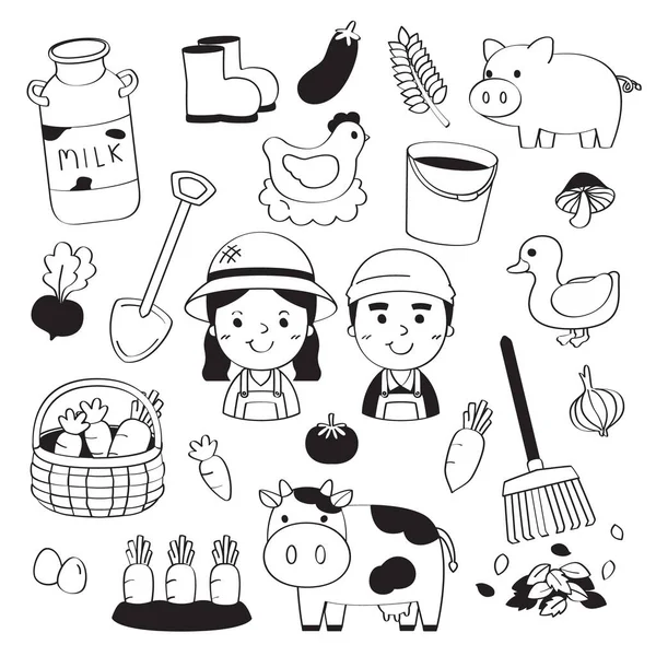 Farmville Doodles Art Farmer Character Animals Tools — Image vectorielle