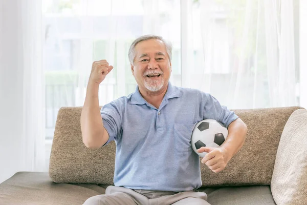 Excited Senior Man Old Man Feel Happy Holding Football Soccer — Stockfoto