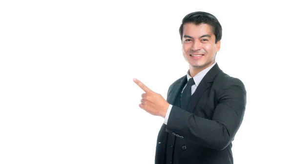 Çalışan Asyalı Adamı Giysisi Boş Fotokopi Alanını Gösteren Mutluluk Reklam — Stok fotoğraf