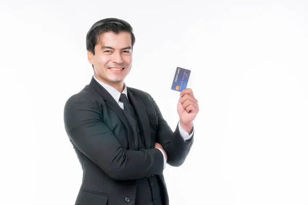 Portrét Pracovní Asijské Podnikání Pohledný Muž Ware Oblek Ukazující Kreditní — Stock fotografie