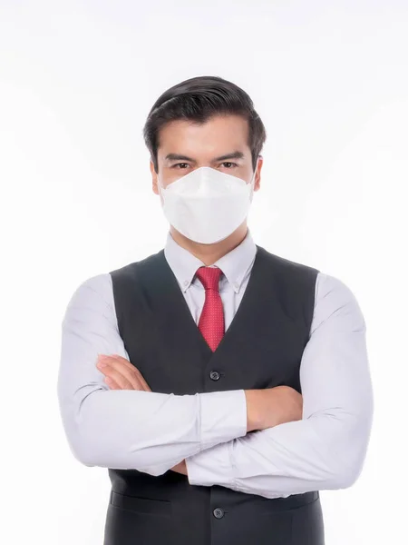 Asian Man Standing Arms Crossed Wearing Face Mask Protect Spread — Stock Photo, Image